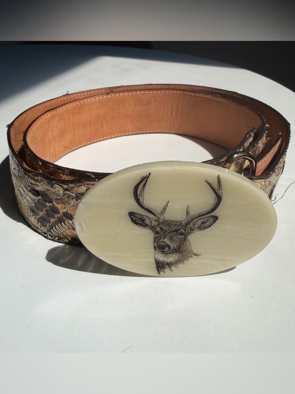 Justin Genuine Snake Belt with Vintage Ivory Deer Buckle